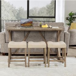 HMFULE 59'' Industrial 4 Piece Bar Table Set with Power Outlet, 3 Padded Stools for Kitchen, Living Room, Dining Room, Brown