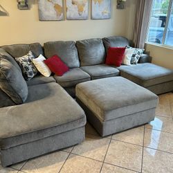Beautiful Grey Sectional Couch With Double Chaise And Storage Ottoman Wit Cup Holders 
