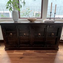Mission Style Dark Wood And Bronze Metal Detail Credenza 