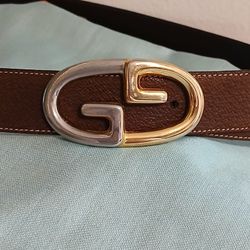 Vintage Gucci GG Gold/Silver Buckle Brown Soft Leather Belt 105/42