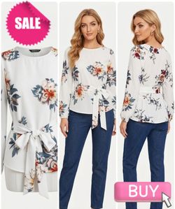 Floral Tie-Front Peplum Blouse - Size Medium White Classy Chic Office Spring