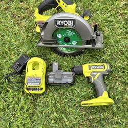 Ryobi One + 18V 2 Tool Combo Kit 7-1/4 Circular Saw & 3/8 Drill 