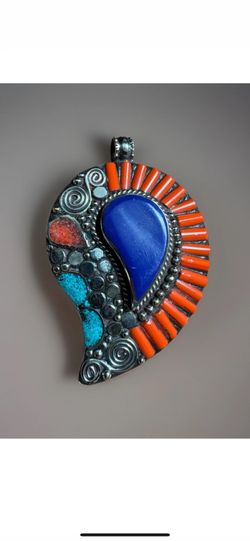 Exquisite Handcrafted Ethnic Tibetan & Navajo Style Silver Pendant Set In Lapis & Silver 3”inch & 45grams