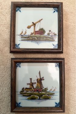 Set of 2 antique Dutch windmill tiles framed in wood, handmade by Makkum Delft