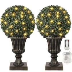 16 Inches Pre-Lit Artificial Topiary Ball, 2 Pack Faux Boxwood Balls with Sturdy Pot Base, Battery Operated Fake Plants for Backyard Wedding Holiday D