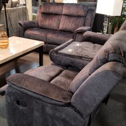 Brand New Dark Gray Or Blue Gray Linen Manual Reclining Sofa + Loveseat With Cup Holders