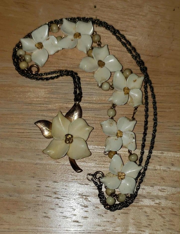 X2 VINTAGE STAMPED 12K GOLD NUGGET V20 IVORY FLOWER FLORAL BRACELET NECKLACE SET