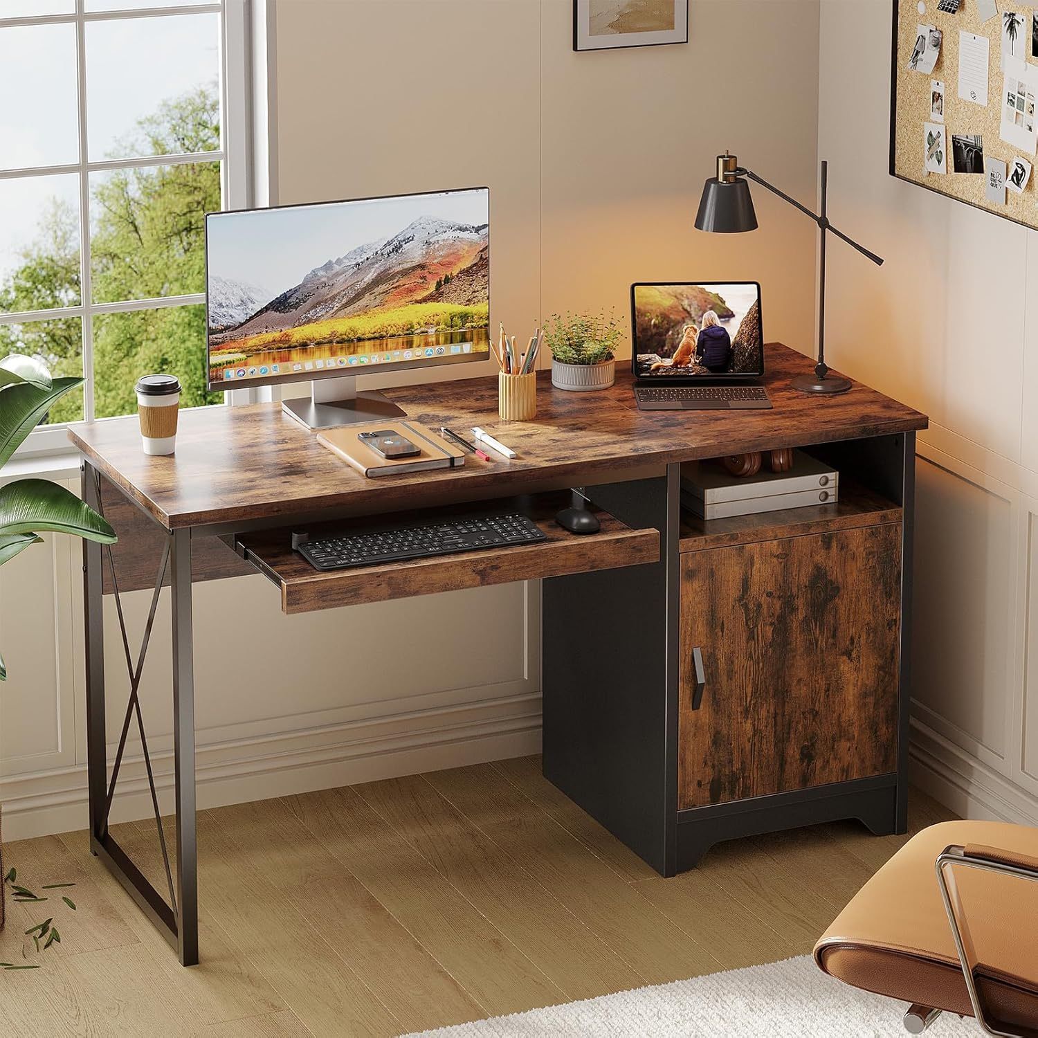 Bestier Office Desk with Keyboard Tray, 47 inch Industrial Computer Desk with Storage, Reversible Executive Desk with File Cabinet for Home Office Bed