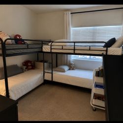  L-Shaped Quad Twin Bunk Bed with Slide + 4 Twin Mattresses