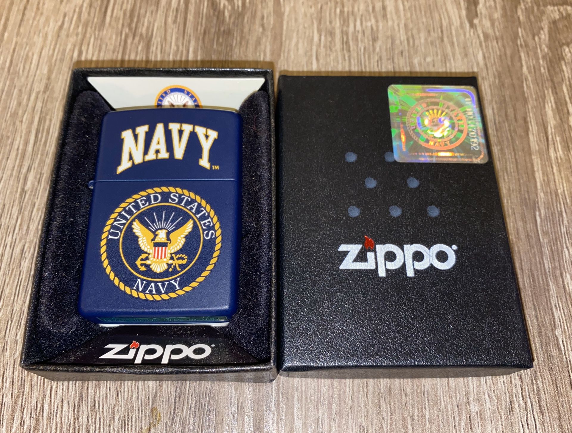 US United States Navy Blue Matte Zippo Lighter New in Box. Original style (lighter fluid flint type)