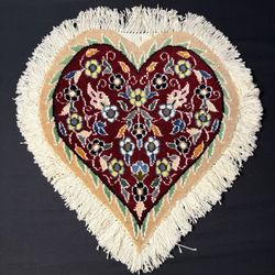 Persian Heart Shape Rug Red w/Flowers Hand Knotted 14”x13” RARE 240 KPSI