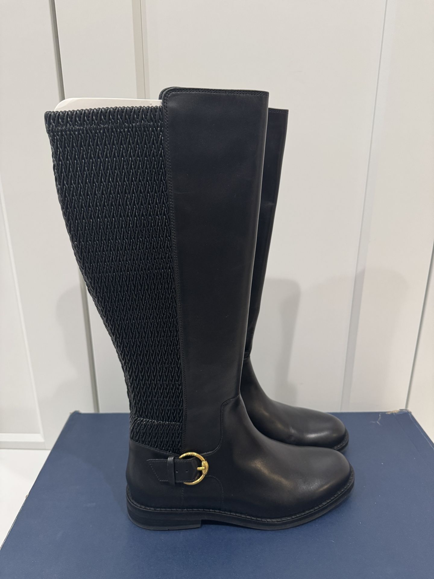 NEW Cole Haan Clover Stretch Tall Black Leather Riding Boots, Size 7