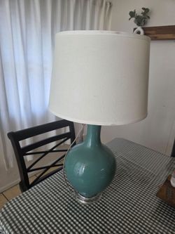 Teal Ceramic Table Lamp with Drum Shade