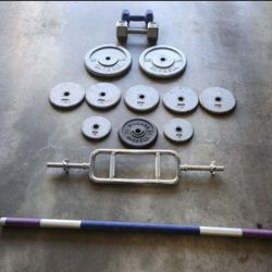 150 Lb Weight Set 2 Dumbbell Handles Toning Pole & Triceps Bar Pd $390
