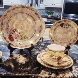 Vintage Haas-Czjzek Teacup, Saucer, Dessert, and Large Plate, Handmade Porcelain, 4 person set