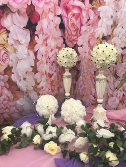 Silk Flowers + backdrop,50ft white flower garland