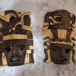 HAND-CARVED WOODEN MASKS - MESOAMERICAN-INSPIRED DECOR [SET OF 2]