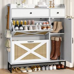 Rattan Shoe Cabinet with Boot Storage & Drawer, 2-Tier Tilt-Out Entryway Shoe Rack,White