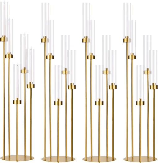 5 Arm Candelabra with Acrylic Lampshade Set of 4 Gold Candelabra for Wedding Table Birthday Party Home Decoration 39.4'' Candle Holder Fit LED Taper C