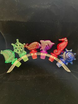 Nautical Bottle Stopper Set (6) with stand: whale, sailboat, seahorse