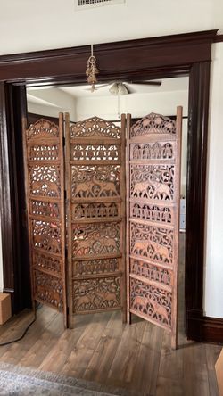 Vintage Indian Hand-Carved Wooden 3-Panel Room Divider – Boho Elephant Fretwork, $250