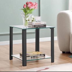 Glass End Table Square, Modern Glass Side Table with 2-Tier Storage Coffee Table, Black Metal Frame Glass Top Table for Living Room/Balcony/Bedroom, E