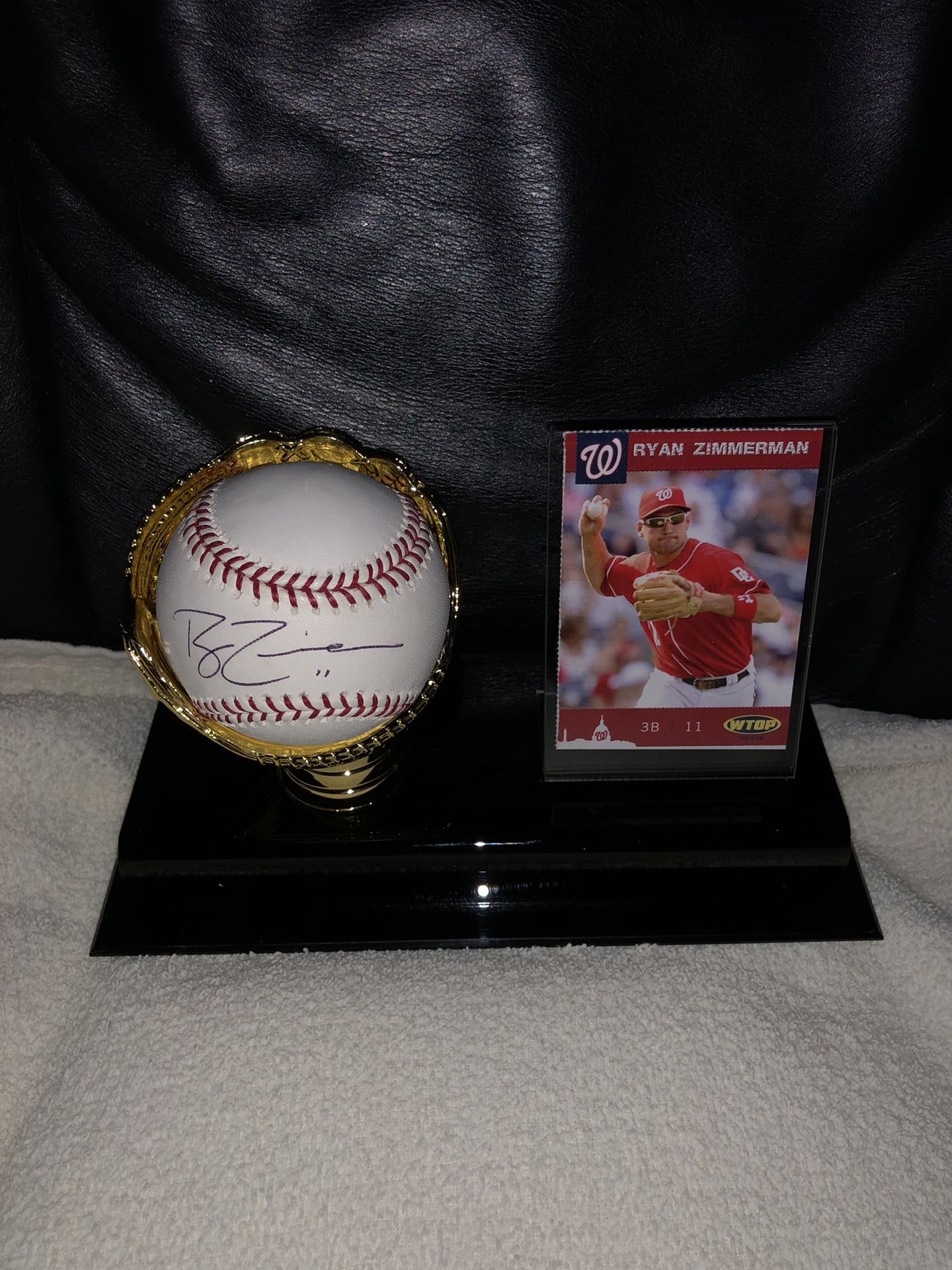 Autographed Ryan Zimmerman, Washington Nationals Baseball in Deluxe Gold Glove Holder! Excellent Autographed MLB Baseball -Mint, and unique promo bas