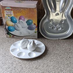Easter Bunny Salt & Pepper On Egg Serving Dish AND Wilton  Bunny Cake Mold