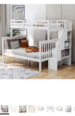 White Wood Twin Over Full Bunk Bed with Stairs