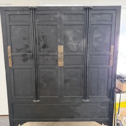 Vintage Oriental Armoire / Cabinet – Solid Wood, Hand-Carved Panels