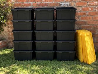 Black Plastic Storage Totes with Yellow Lids – Set of 15