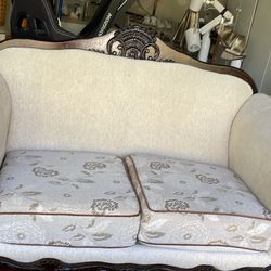 Elegant Carved Wood Loveseat – Classic Cream Upholstery – Pickup in Irvine