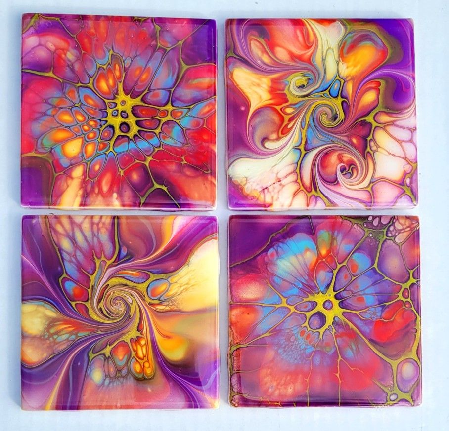 Handmade Set of 4 Fluid Art Coaster Tiles