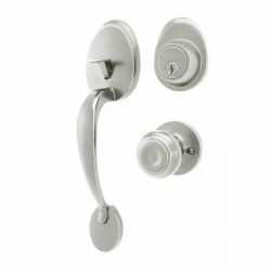 Schlage dexter handleset, interior trim included. Satin nickel finish