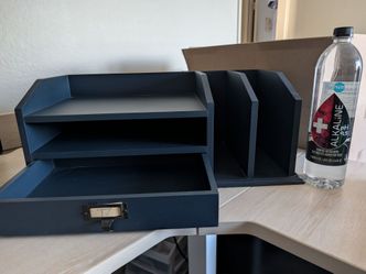 Navy Blue Wood Desk Organizer with Drawer