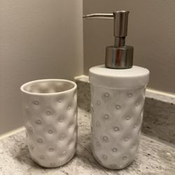 Tahari Home Ceramic Soap Dispenser & Cup White