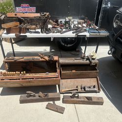 Three Old Tool Boxes, Hammers Drills Grinders Chest Drill Vises Planes And Lot More All To one Buyer Lot
