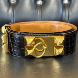 Vintage Hermès Ebene brown CROC collier de chien crocodile belt