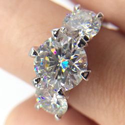 NEW Moissanite Sterling LAB DIAMOND Ring 3 Stone 5 TOTAL CTW 2 CT center stone sz US 8.5