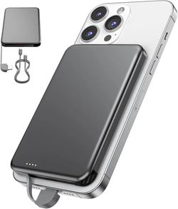 MagSafe Portable Charger, 0.3" Ultra Slim 5000mAh Magnetic Power Bank, 25W PD Fast Charging Battery Pack with Built-in Cable