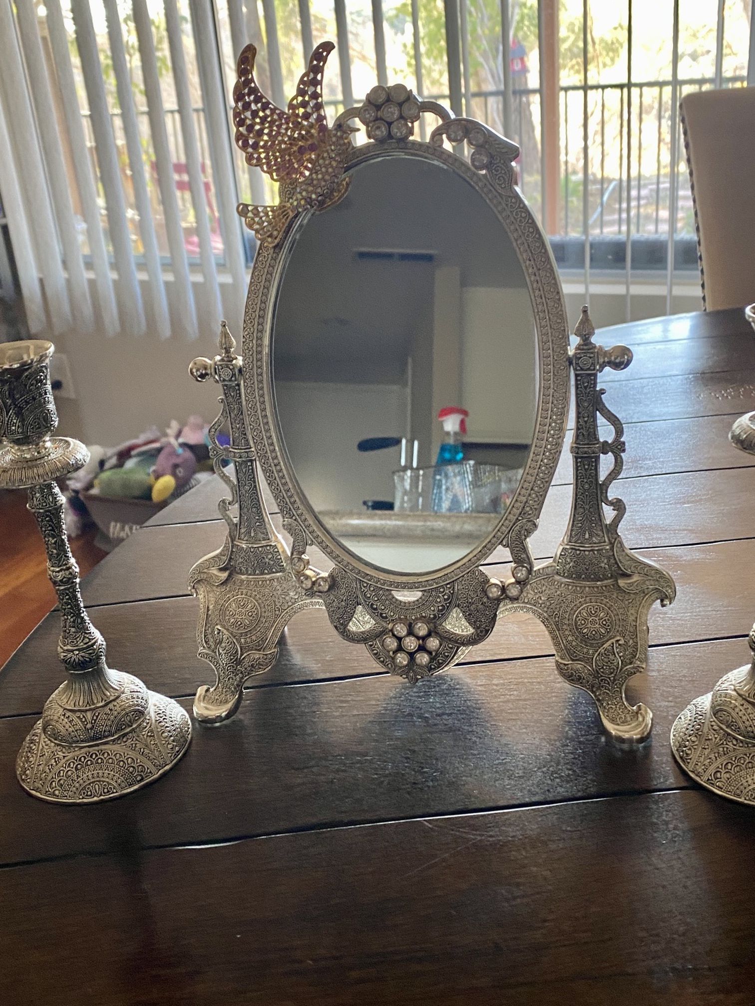 Antique Mirror And Candle Silver Vintage Set