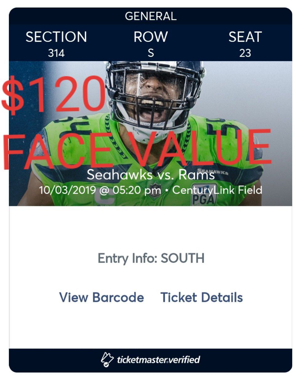 *1 ticket* Seahawks vs Rams UNDERCOVER