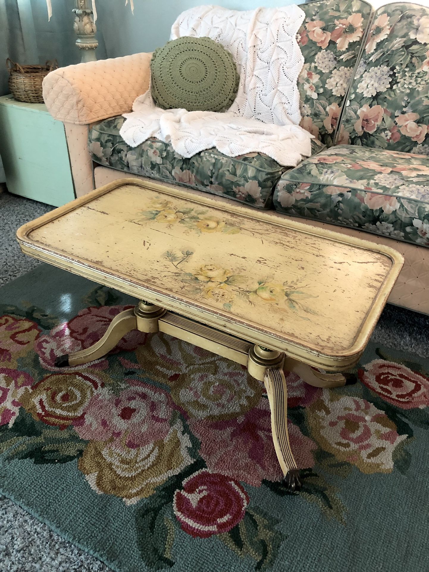 Vintage French provincial, small coffee table with hand-painted roses, chippy paint