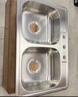 Premier Stainless Steel 33 in. 3-Hole Double Bowl Drop-In Kitchen Sink 22 gauge, 33”x22”x6”