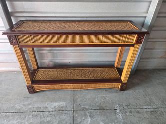 Tropical Wood and Woven Rattan Console Table