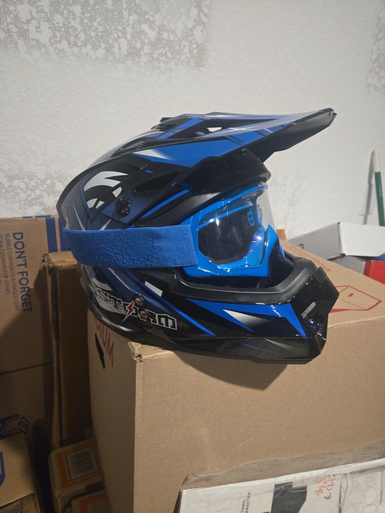 Blue Dirt Bike Helmet With Goggles