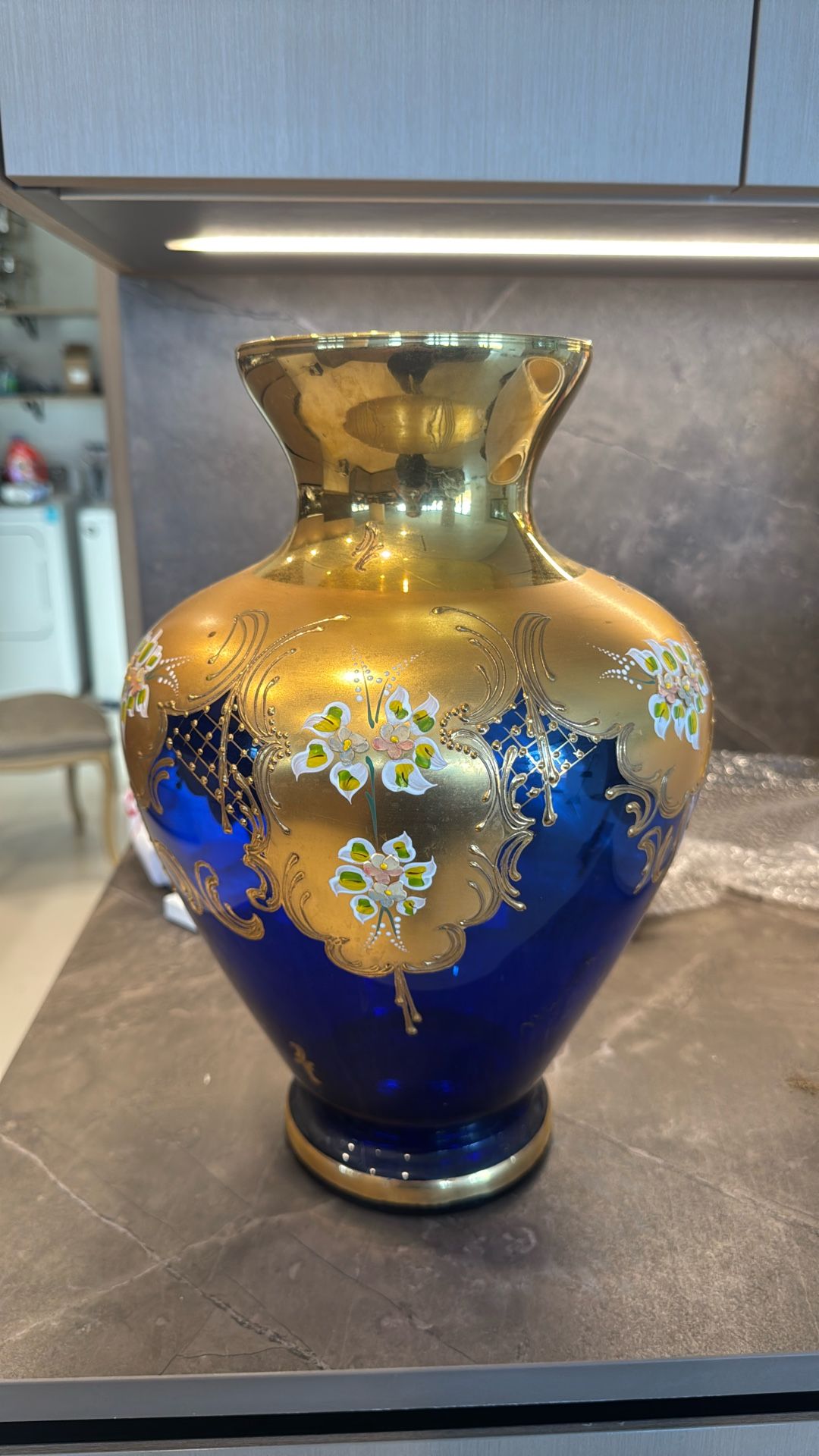 Tre Fuochi Italian Venetian Murano Glass Bohemian Cobalt Blue Gold Floral Vase