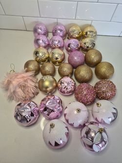 Pink Gold Christmas Ornaments Lot of 28 Assorted Glitter Textured Styles