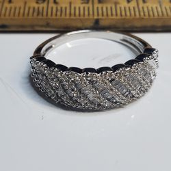 Wedding - 925 Sterling Silver 1.00 CTW Diamond Round & Baguette Ring Size 10, Estate / Vintage