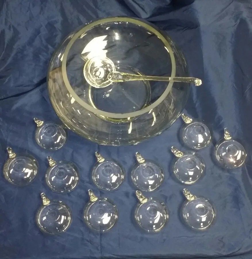 14 PC Hand Blown Crystal Moderno Riekes Crisa Punch Bowl Set Vintage In Box! Perfect Condition